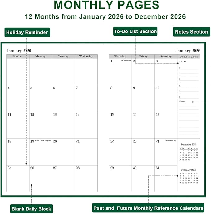2026 Daily & Monthly Planner - 2026 Daily Planner One Page Per Day from January 2026 to December 2026, 5.8" x 8.3" Hourly Appointment Book Perfect Organizer Daily Life, Fabric Cover, Green
