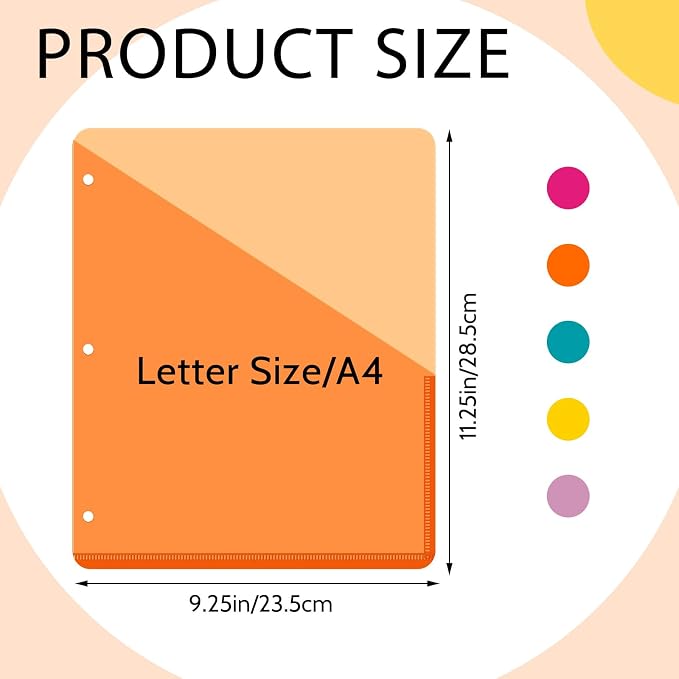 Maitys 5 Pack Binder Pockets 3 Hole Punch Clear Plastic Document Folders Binder Organizer Store Letter Size 8.5 x 11 Inch Paper Folders with Pockets Slash File Jacket for Office(Summer Color)