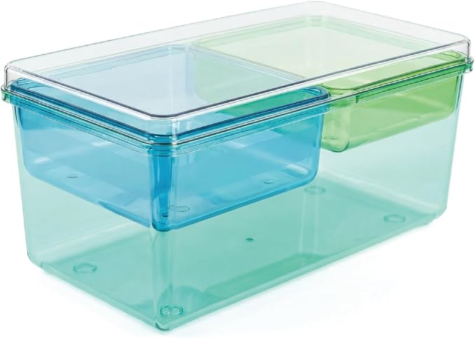 MOSSRIVER 3 Pack Clear Drawer Organizer Set, Plastic Desk Organizer Bin with Lid & Trays, Colorful Storage Box with Removable Trays for Cosmetics, Jewelry, Bedroom, Bathroom, Office, Combo 04