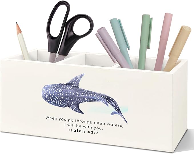 SNNDER Whale Shark Christian Pen Holder for Desk, Christian Gifts for Women Men, Inspirational Bible Verses Isaiah 32:2 Wooden Pen Pencil Holder Organizer for Home Office Desk Accessories
