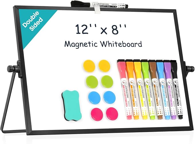 Dry Erase White Board, WALGLASS 12" x 8" Small Desktop Whiteboard with Stand, Double-Sided Magnetic Whiteboard, Portable Dry Erase Board for Kids Drawing, Study, Home, Office, School (Black)