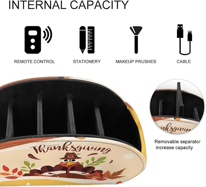 FUSURIRE Remote Control Holder Thanksgiving Turkey PU Leather Organizer Box with 5 Compartments for Home Office Supplies, Remote Caddy Desktop Storage for Controllers, Media Player, Makeup Brush, Pen