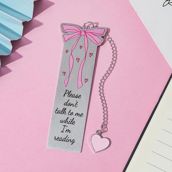 Pink Bowknot Stainless Steel Bookmark - 5pcs Set with Cute Patterns & Heart Pendants, Ideal for Female Readers
