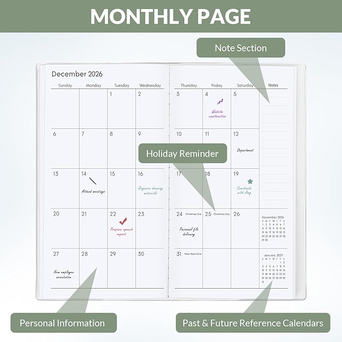 KONVINIT Pocket Calendar 2025-2027, Pocket Planner 2026-3.7" x 6.7" - Runs from July 2025 Until December 2027, Monthly Planner 2025-2027 with PVC Cover for Planning, Green