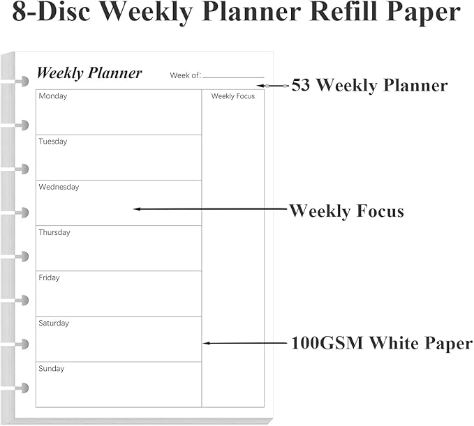 (2-Pack) Weekly Planner Undated Refills - Junior Size 106 Sheets/212 Pages Weekly Planner for 8-Disc Discbound, 100 gsm White Paper, Lasts 1 Year, Undated, 5.8" x 8.3", Black