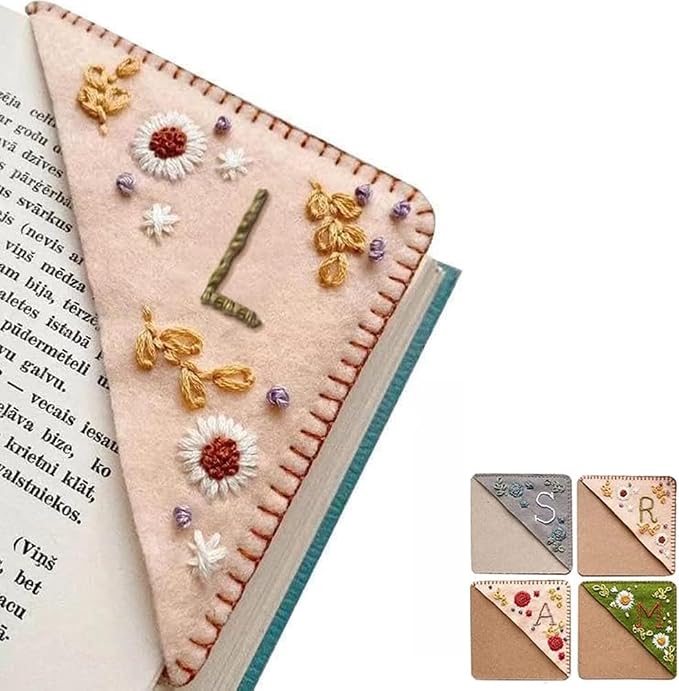 Personalized Hand Embroidered Corner Bookmark, 26 Letters Cute Flower Embroidered Corner Bookmark Embroidery Book Marker Clip for Book Lovers Bookmarks for Reading Lovers Meaningful GIF (Spring, L)