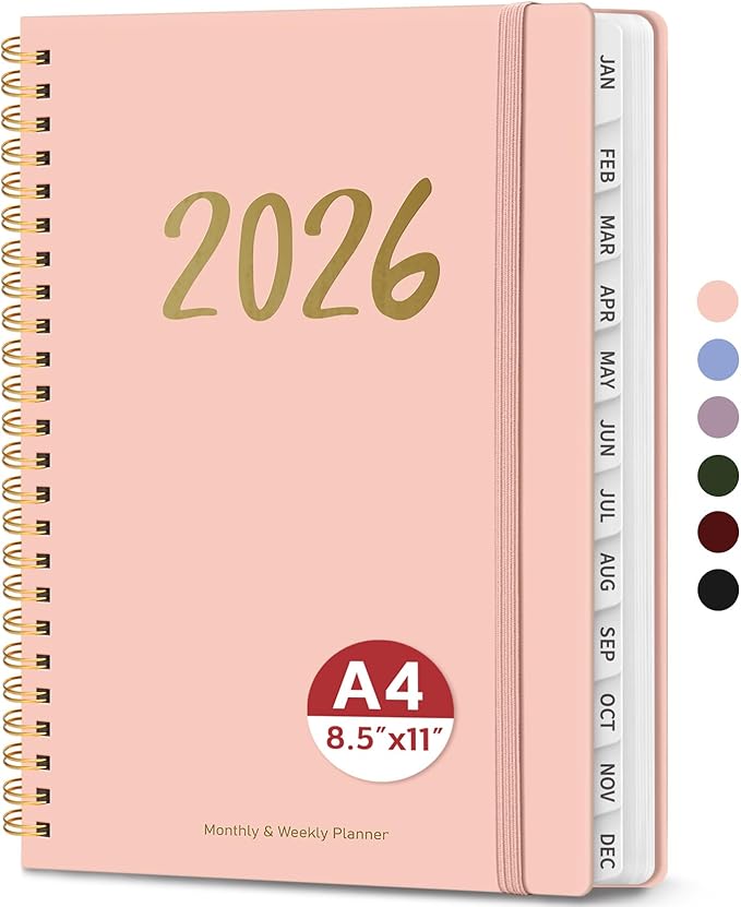 2026 Planner, Weekly and Monthly Planner for Women, January 2026 - December 2026, Hardcover 2026 Calendar Planner Book with Tabs, Inner Pocket, Spiral Bound, Perfect for Office Home School Supplies - A4 (8.5" x 11"), Pink