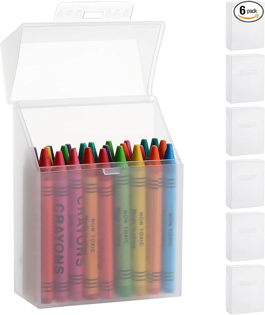 gisgfim 6 Pcs Plastic Clear Crayon Box Bulk Crayon Storage Organizer Stackable Holds 24 Crayons Boxes With Hinged Lid and Snap Closure for Pens School Office Supplies Organization