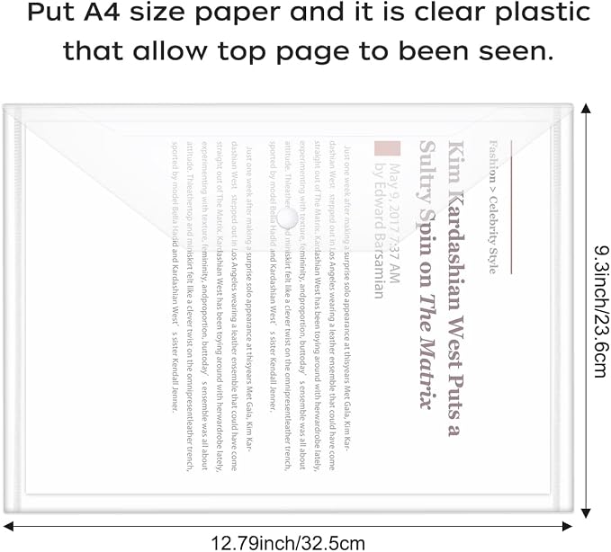JIKIOU 30pcs Plastic Envelopes, Clear Reusable Poly Envelope Waterproof File Folder with Snap Button, Us Letter/A4 Size