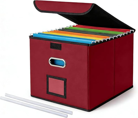 CADONO File Organizer Box with Lid, Large Hanging File Folder Organizer with Plastic Slide, Collapsible Portable Filing Storage Boxes for Office/Decor/Home (Wine Red, 14.9 x 12.59 x 10.8 inch)