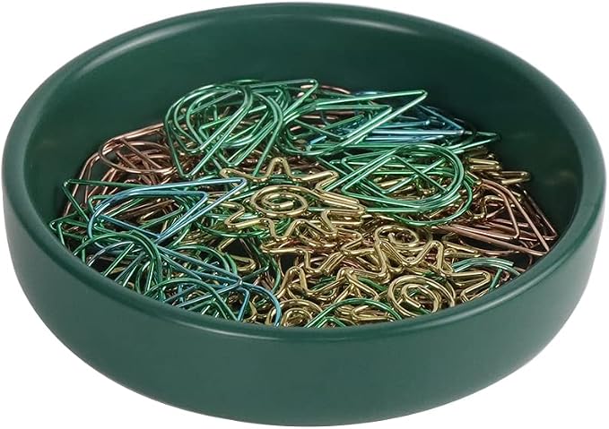 MEI YI TIAN Small Ceramic Paperclip Holder for Desk, Round Paper Clip Holder Push Pin Organizer Macaron Dark Green Paper Clip Dispenser Desktop Organizer Cute Storage Plate Desk Accessories