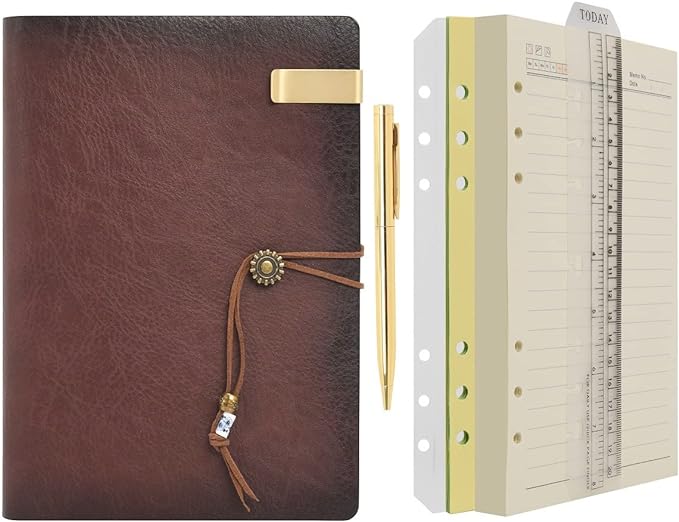 WONDERPOOL Leather Journal A5 Refillable 6 Ring Binder Notebook with Lined Paper and Pen,Writing Diary for Work Travel and Agenda Plan (A5, Brown)