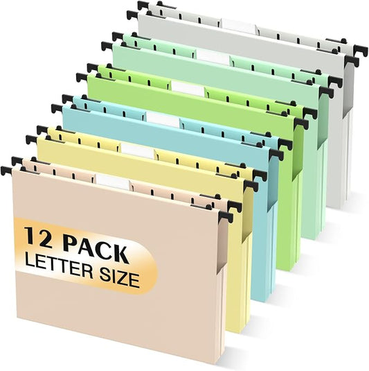 SHUTEX Hanging File Folders Letter Size, 12 Pack File Folders Hanging with Tabs, File Cabinet Hang Folder, 1 Inch Plastic Filing Folders Hanging Expandable File Organizer, Office Supplies, Pastel