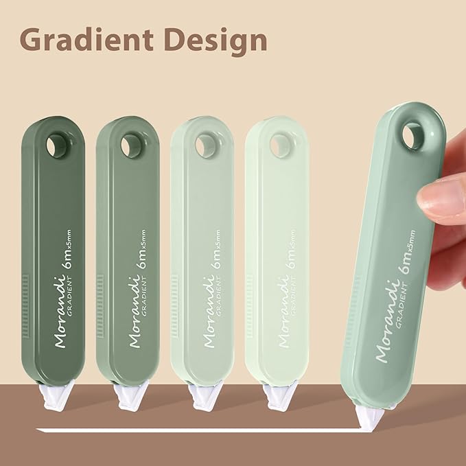 5-Piece Correction Tapes, Aesthetic Cute White Pull Out Tape, Quick Dry, Instant Correct, Easy to Use for School Office Supplies (Green)