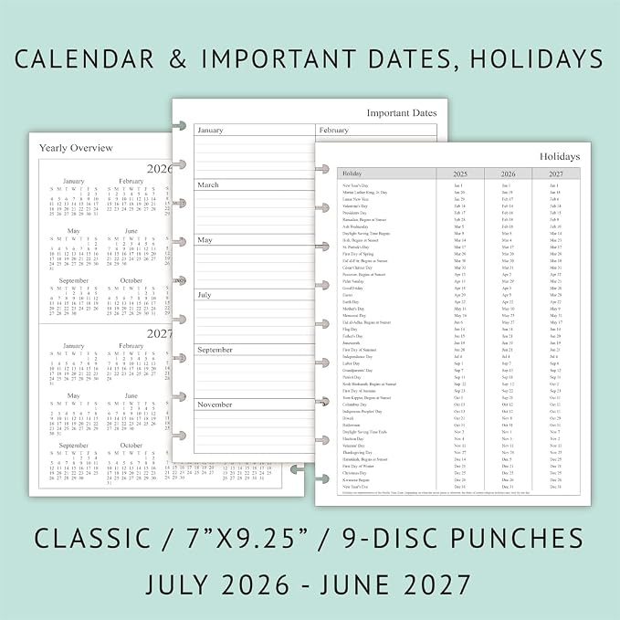 2026-2027 Planner Refills for Happy Planner Classic Notebook, Weekly & Monthly, Jul 2026 - Jun 2027, 7" x 9-1/4", 9-Disc Pre-punched