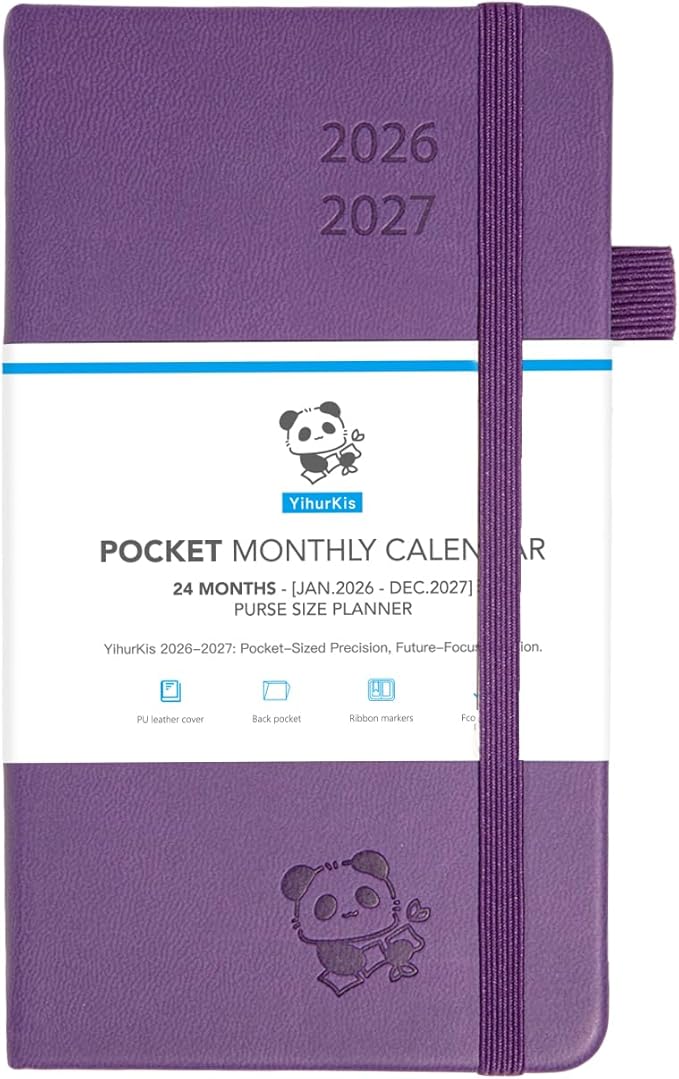 Pocket Monthly Planner 2026-2027 by YihurKis - 2 Year Pocket Monthly Calendar (Jan.2026 - Dec.2027), 4 Page Per Month with Expense Pages 3.5" x 6", Leather Hard Cover, 100GSM Thick Paper - Purple