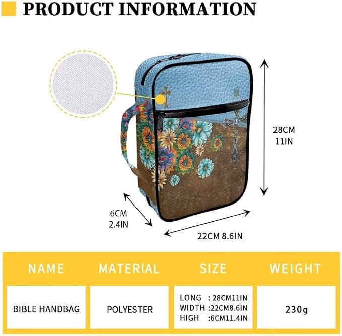 Coldinair Floral Cross Bible Cover for Women,Canvas Carrying Book Case Church Bag Bible Holder with Handle and Zippered Pocket