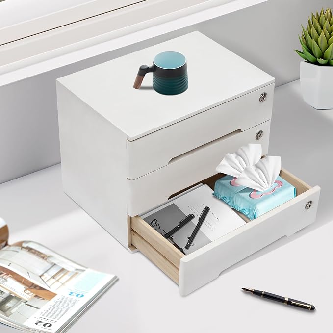 Wooden Desktop Storage Box with Lockable Drawers, Flat File Cabinet Drawer Desktop Storage Box, Countertop Storage Cabinet for Office Home Toiletries Supplies Vanity (White, 3 Drawer)