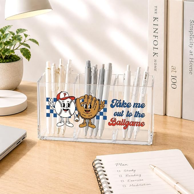 Funny Baseball Lover Acrylic Pen Holder 3 Compartment, Take Me Out To The Ballgame Desk Organizer for Office Home, Back to School Gifts for Women Men Teachers Sports Lovers Baseball Mom Players
