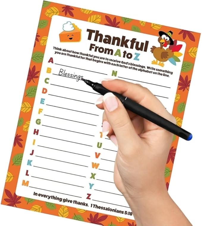 Religious Multicolor "Thankful From A to Z" Paper Activity Sheets - 8.5" x 11" (Pack of 24) - Ideal for Sunday School, Church Events, and Thanksgiving Activities