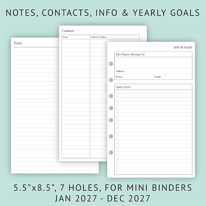 newestor 2027 Weekly & Monthly Planner Refill, 5-1/2" x 8-1/2", Jan 2027 to Dec 2027, 7-Hole Punched for Mini Binders