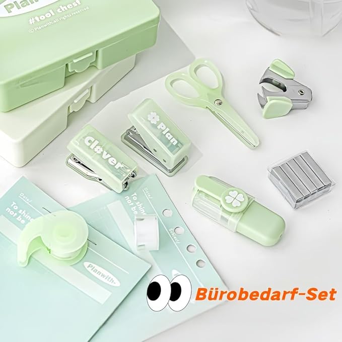 Staple Remover, Hole Punch & Stapler Set - 8-Piece Writing Set with Lucky Clover Design in Practical Storage Box