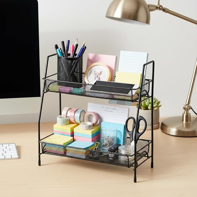2-Tier Metal Mesh Desk Organizer - Portable Desktop Storage Rack for Office Supplies, Pen Holder, Paper, Makeup - Wall/Tabletop Mount, Powder Coated Black, Home School Cubicle Accessories