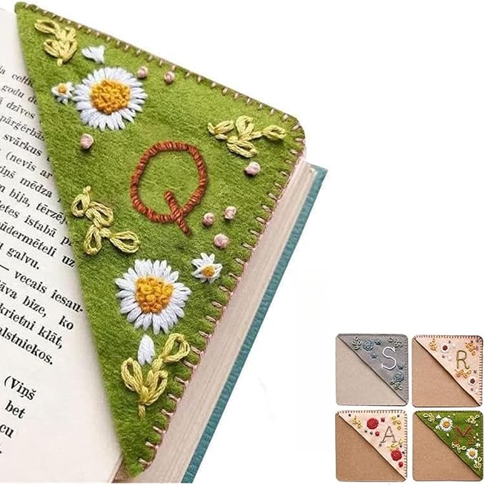 Personalized Hand Embroidered Corner Bookmark, 26 Letters Cute Flower Embroidered Corner Bookmark Embroidery Book Marker Clip for Book Lovers Bookmarks for Reading Lovers Meaningful GIF (Summer, Q)