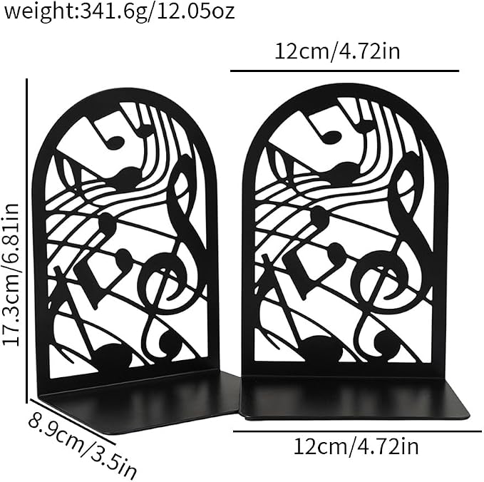 Book Ends, Bookends, Book Ends for Shelves, 2Pair Non Skid Metal Book Divider Decorative Holder, Abstract Art Desgin Book Stopper Supports for Office, Home (Music Note)