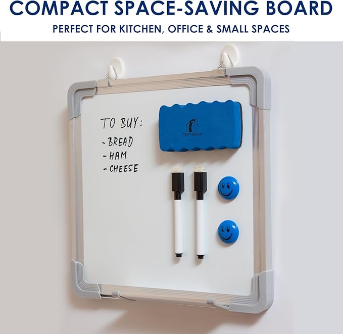 Whiteboard Set - 12 x 12 in Dry Erase Board with 1 Magnetic Dry Eraser, 4 Dry Wipe Markers and 4 Magnets - Small White Board Wall Hanging Marker Board for Home and Office (12x12)