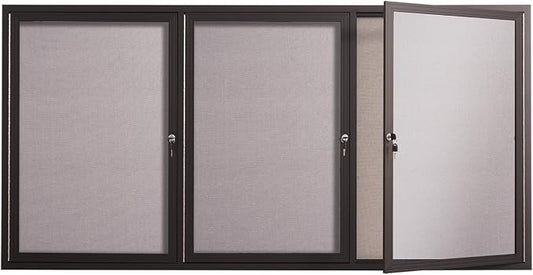 71×36 Inch Lockable Enclosed Bulletin Board, Weather-Resistant Outdoor Noticeboard with Locking Doors, Wall-Mounted Black Aluminum Frame & Grey Felt Presentation Board