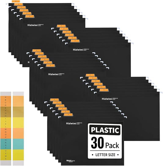 30 Pcs PP Hanging File Folders Letter Size,Black Hanging Folders with Tabs,File Folders for Filing Cabinet Hanging Files for Bulky Files,Medical Charts,Office AMD School Desktop File Storage