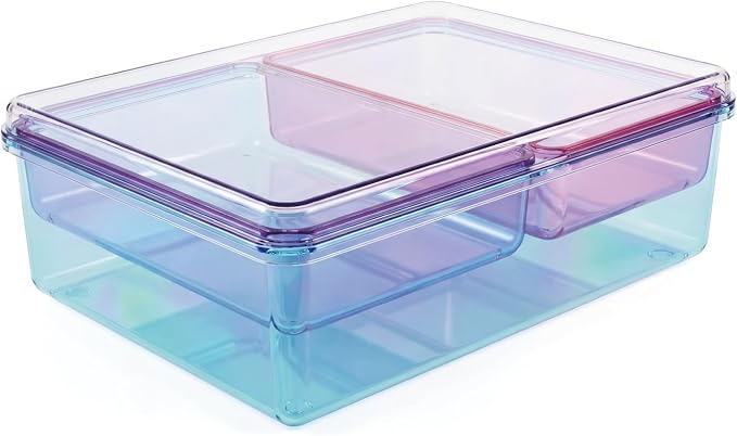 MOSSRIVER 3 Pack Clear Drawer Organizer Set, Plastic Desk Organizer Bin with Lid & Trays, Colorful Storage Box with Removable Trays for Cosmetics, Jewelry, Bedroom, Bathroom, Office, Combo 02