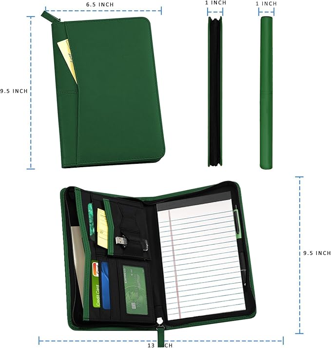 Lcjtop Junior Business Padfolio - A5 PU Leather Portfolio Binder & Zippered Binder Folder with 5 x 8 Writing Pad and Interior Storage Pocket Executive Business Organizer for Women,Dark Green