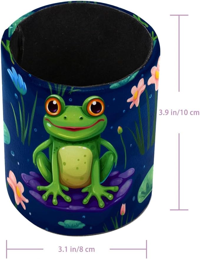 Pencil Holder for Desk, Cute Frog Pen Cup Makeup Brush Holder, Leather Desktop Organizer Storage Case Stationery for School Home Office Supplies