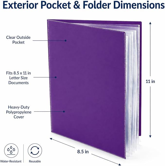 Ultra PRO - 50 Pack Purple Heavy Duty 2-Pocket Folders with 6 Clear Internal Pages, Waterproof Poly Project Organizer for School and Office, Fits 8.5 x 11 Letter Size, Customizable Clear Covers