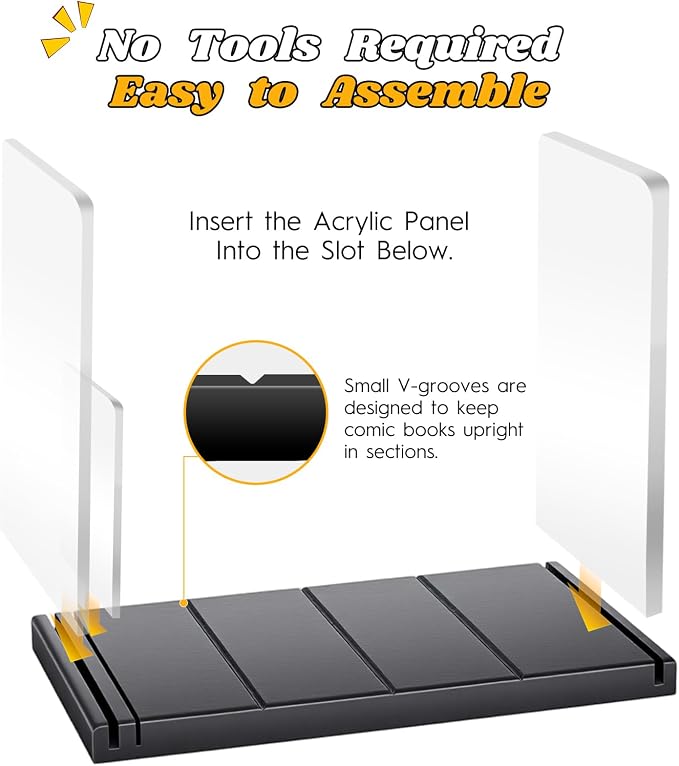 Comic Book Storage Holder，Wood Comic Book Case with three acrylic dividers，Acrylic Comics Book Box，Bin & Organizer，Stores Up To 150 Comics (Black)