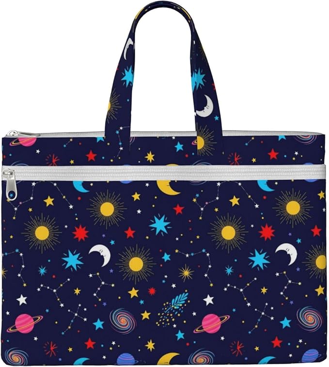 Foldable Canvas Document Storage Bag Space Galaxy Constellation Zodiac Starry Night Stars, Zippered Waterproof File Pouch with Handle for Office Cross Stitch