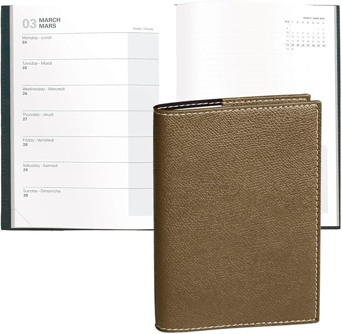 Quo Vadis 2026 Note - Bi-Lingual (EN/FR) - Weekly/Monthly Planner - 16 Months, Sept. 2024 to Dec. 2026 - 6" x 8 1/4" - Grained Faux Leather Club Bronze Cover - A Modern Design for Journaling and Detailed Planning