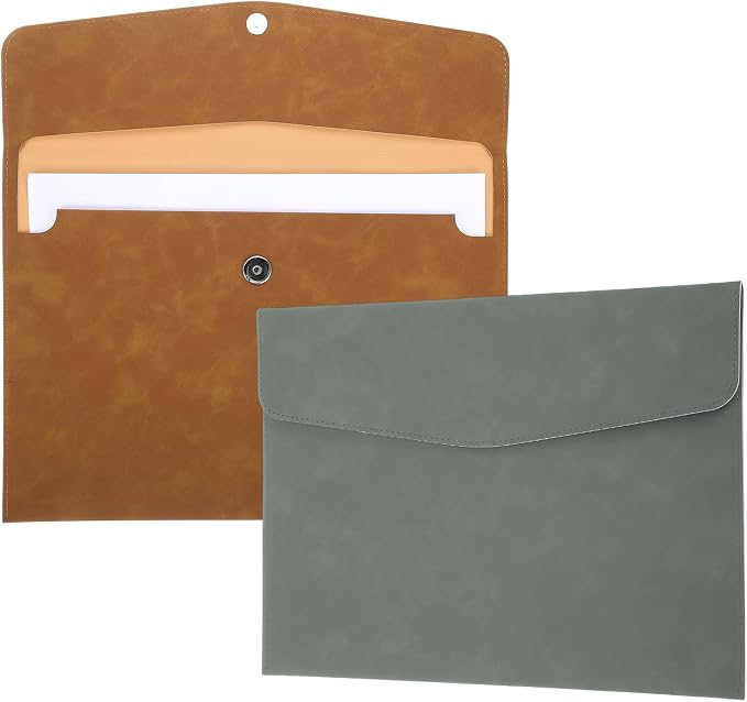 PATIKIL 2Pcs PU Leather File Folders, 13x9 A4 Document Holder Waterproof Envelope Folder with Snap Closure, Portable Portfolio Organizer Case for Paper Receipt, Brown/Gray