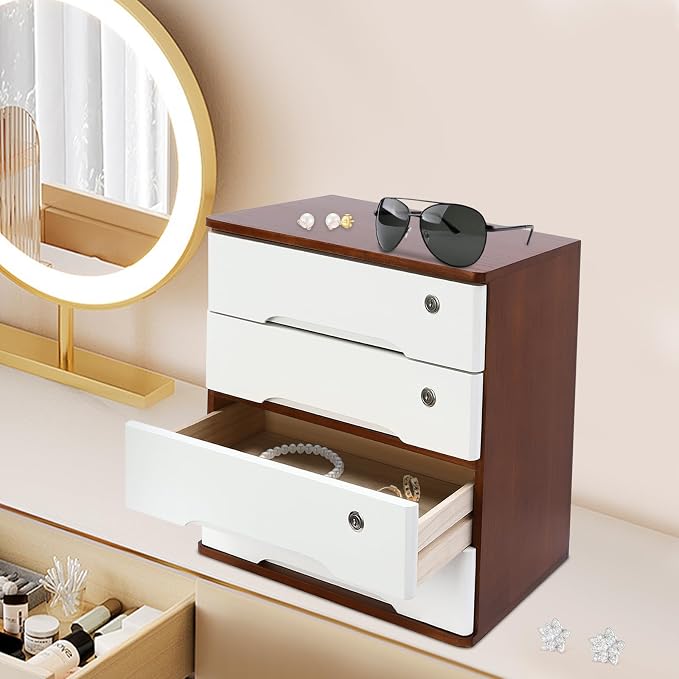 Wooden Desktop Storage Box with Lockable Drawers, Flat File Cabinet Drawer Desktop Storage Box, Countertop Storage Cabinet for Office Home Toiletries Supplies Vanity (walnut+white, 4 Drawer)