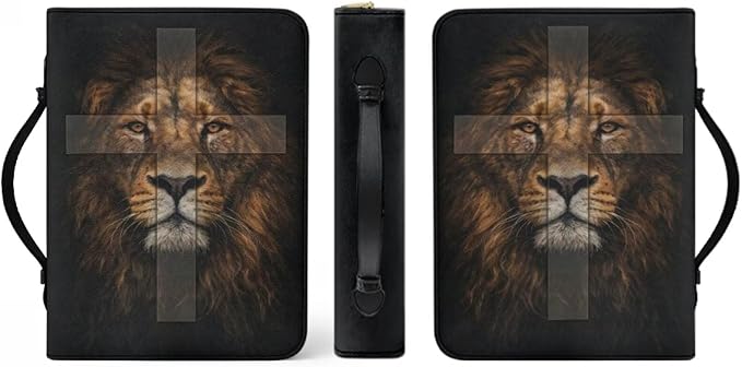 Leather Bible Cover Case for Men PU Bible Case with Bookmark Church Bag Book Carrying Case Lion and Cross Print Bible Covers
