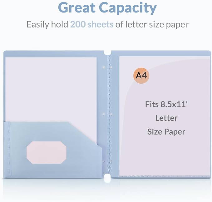 Plastic Pocket Folders，2 Pockets and 3 Dividers, Letter Size – Fits 3-Ring Binders – School Folders for Students & Office Use – Black & Haze Blue