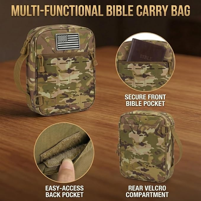 Tactical Bible Cover for Men, Large Bible Case with Shoulder Strap & US Flag Patch, Water Resistant Bible Carrier Bag with Handle, Multi Pockets for Church Study & Travel （Camo）