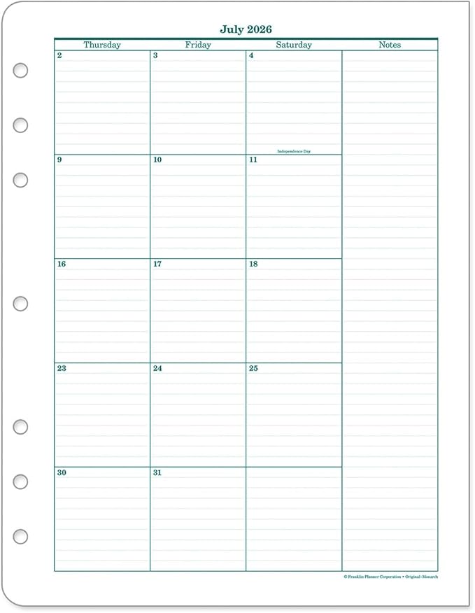 FranklinCovey - Original Ring-Bound Planner Refill - Two Page Per Month Calendar Tabs (Monarch, Jul 2026 - Jun 2027)