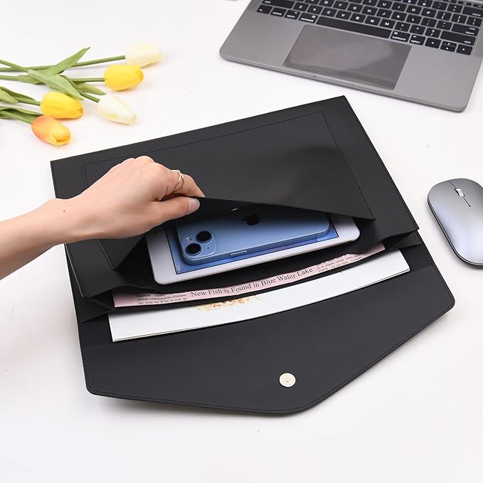 Wason A4 Document File PU Leather with Expanding Large Size Pockets Envelope Case Holder Paper Bills Stationery Tablet and PC, Perfect for Work Study Traveling (Black)