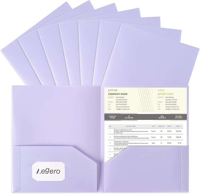 Aegero Plastic Folders with Pockets (7 Pack, Lavender Violet), Durable Heavy Duty File Folders with Business Card Slot, 2-Pocket Folder for Schoolwork & Office,Letter Size