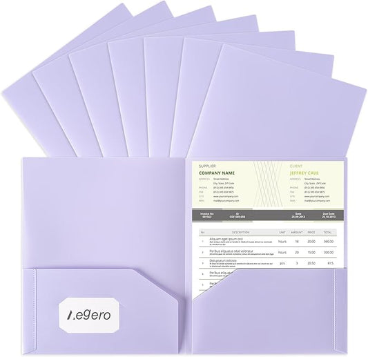 Aegero Plastic Folders with Pockets (7 Pack, Lavender Violet), Durable Heavy Duty File Folders with Business Card Slot, 2-Pocket Folder for Schoolwork & Office,Letter Size