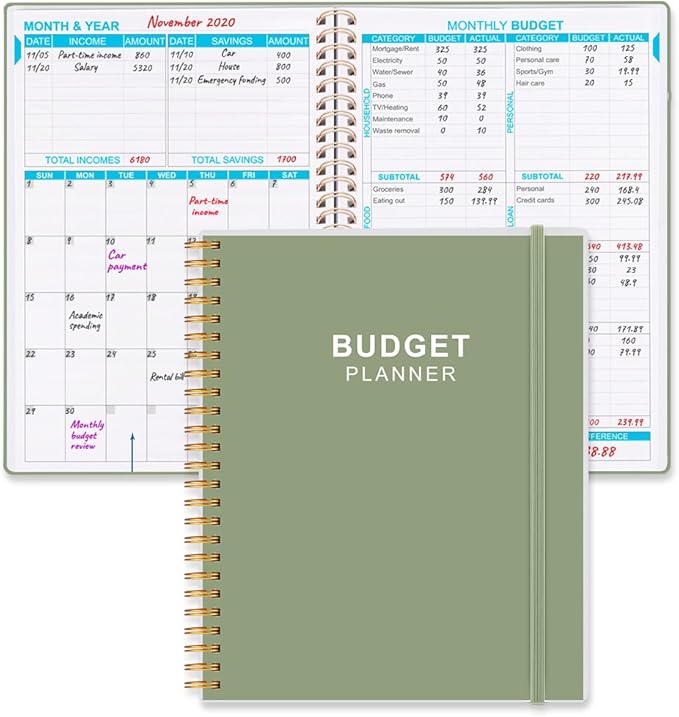 Budget Planner - Monthly Budget Book with Expense Tracker Notebook, Undated 12 Month Bill Organizer & Finance Planner to Manage Your Money, Account Book with Colorful Tabs, 8" x 9.5", Green