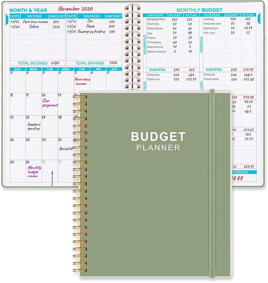 Budget Planner - Monthly Budget Book with Expense Tracker Notebook, Undated 12 Month Bill Organizer & Finance Planner to Manage Your Money, Account Book with Colorful Tabs, 8" x 9.5", Green
